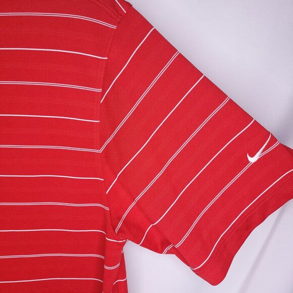 Nike Polo Shirt Mens Medium Striped Red Dri Fit Golf Swoosh - Picture 4 of 12